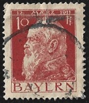 [The 90th Anniversary of the Birth of Prince Luitpold - Type I: Small 9 and no Foot on 1 in "1911". Type II: Large 9 and Foot on 1 in "1911", type F4]