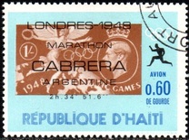 [Airmail - Winners of Olympic Marathon showing Commemorative Inscription and Stamp of "Host" Country, tip LE]