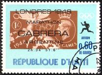 [Airmail - Winners of Olympic Marathon showing Commemorative Inscription and Stamp of "Host" Country, tip LE]
