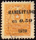 [Coat of Arms - Issues of 1913 Overprinted "HABILITADO en 0.50 1920" and Surcharged, type DA]