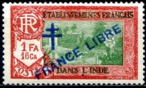 [Pondicherry Temple Stamps of 1929 Overprinted with Cross of Lorraine & "FRANCE LIBRE", type AS5]
