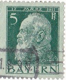 [The 90th Anniversary of the Birth of Prince Luitpold - Type I: Small 9 and no Foot on 1 in "1911". Type II: Large 9 and Foot on 1 in "1911", tyyppi F2]