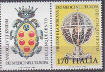 ["Los Médici en Europa". Exposición del siglo XVI en Florencia. Díptico horizontal con viñeta central., tipo ATA]