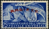 [The 75th Anniversary of the Universal Postal Union - Italy Postage Stamp Overprinted "A.M.G.- F.T.T.", type L]