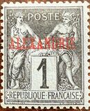 [French Postage Stamps Overprinted "ALEXANDRIE" - Colored Paper, type A]