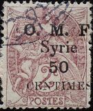 [French Postage Stamps Surcharged & Overprinted "O.M.F. - Syrie" - Value in "CENTIMES", type D1]