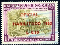 [Airmail - The 500th Anniversary of the Birth of Queen Isabella I of Spain - Official Stamps of 1952 Overprinted "HABILITADO 1953" and Surcharged Value, type XCA]