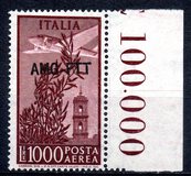 [Airmail - Airplane over Bell Tower - Italy Postage Stamps Overprinted "A.M.G.F.T.T.", Tipe F3]