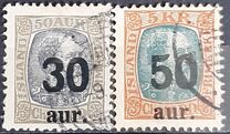 [Surcharged "30 aur" and "50 aur", type Q]